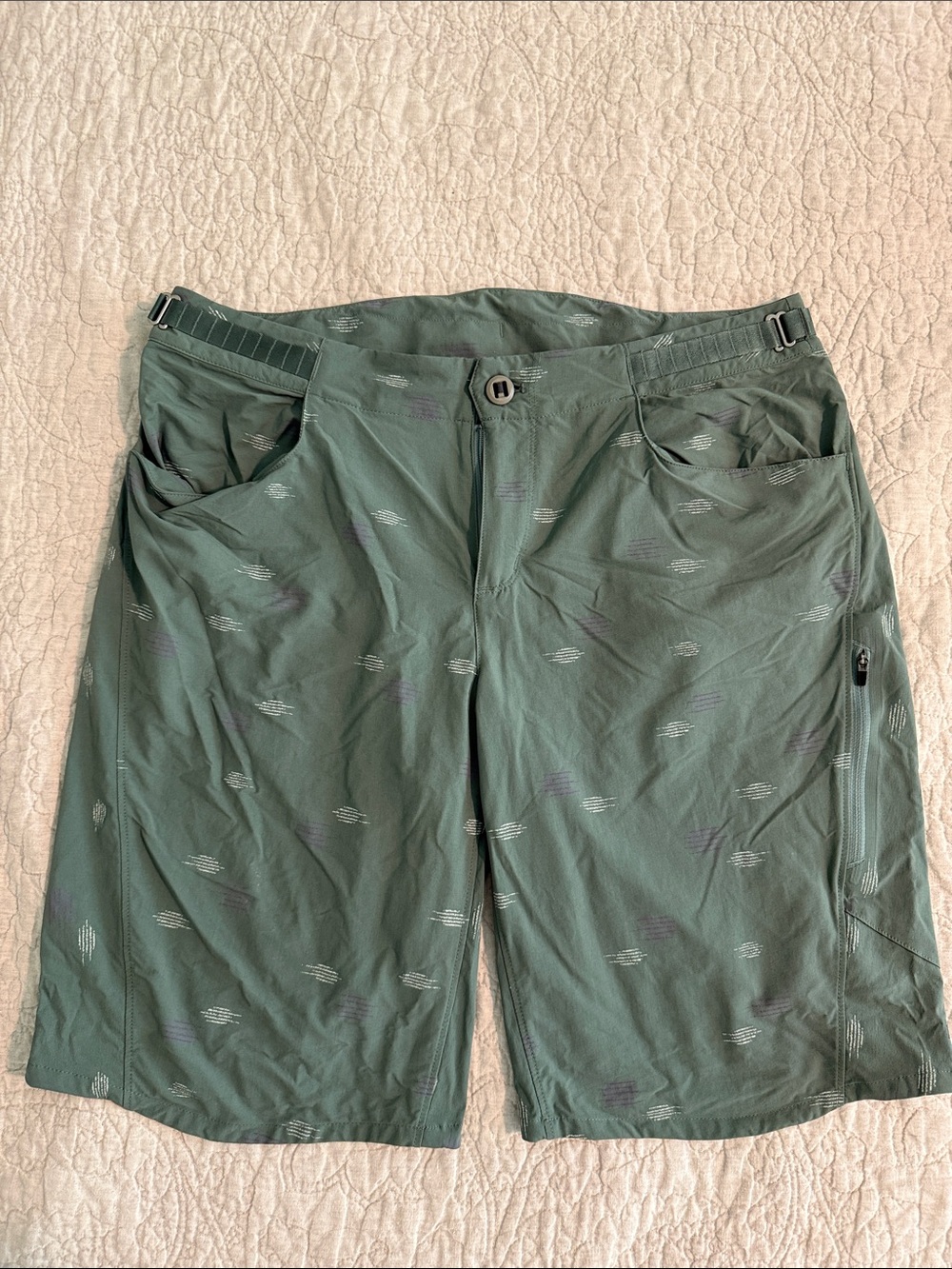 Patagonia Olive Green Patterned Mountain Bike Shorts with removable padded liner